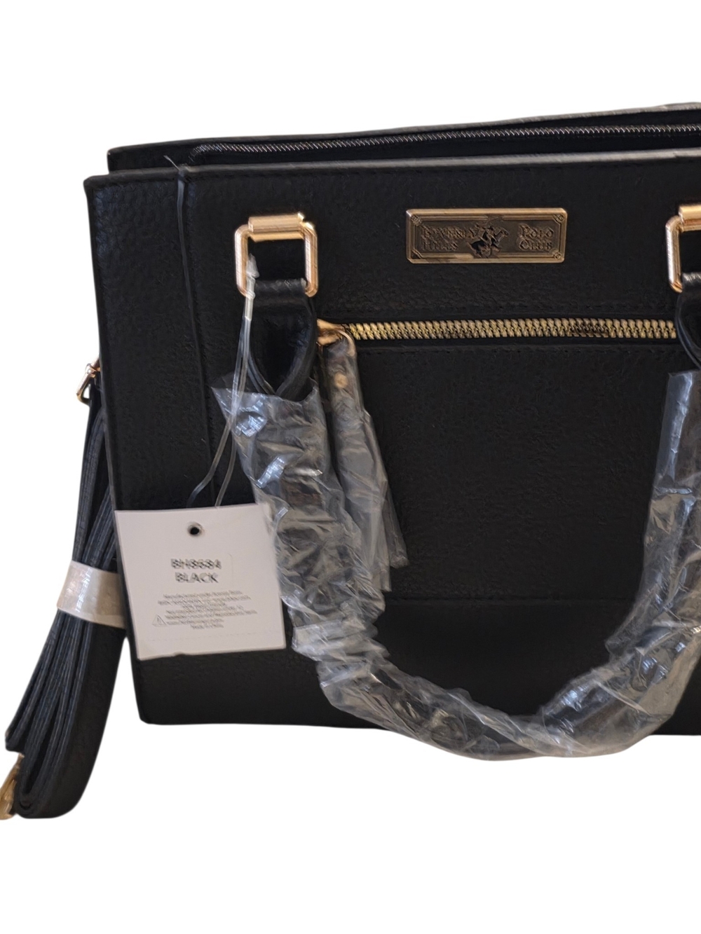 NWT Beverly Hills Polo Club Black Faux Leather Zip Tote Handbag BH8684